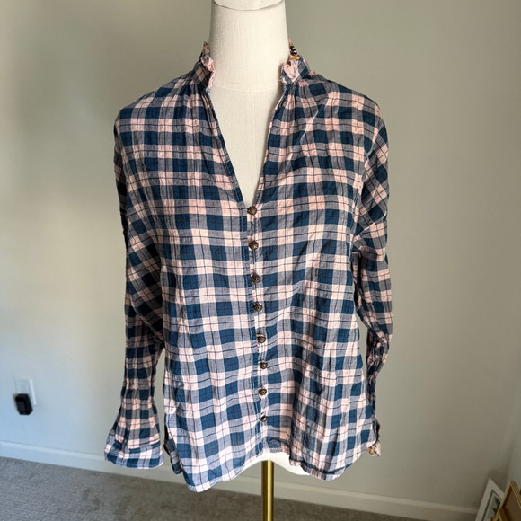 Pilcro Tops - Pilcro Anthropologie Tavi Plaid Button Down Navy Pink Ruffle Collar Shirt Top XS